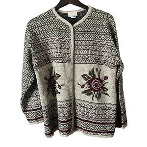 Vintage Huntington Ridge Elegant Rose Floral Knit Women's Button Cardigan Sz L